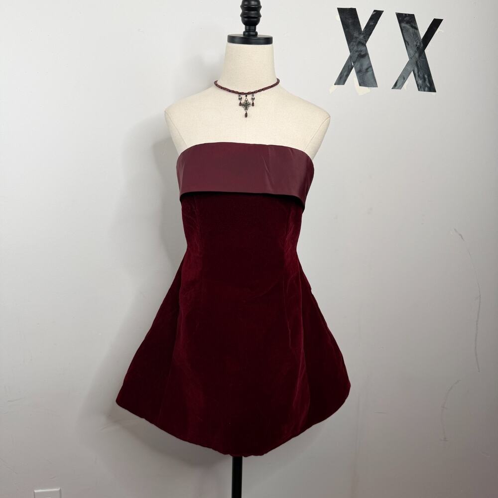MURCI Burgundy Velvet Satin Trim Strapless Flare Hem Party Mini Dress UK 12 US 8